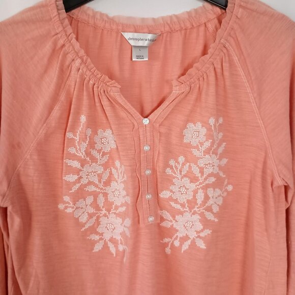 Christopher & Banks Embroidered Boho Tunic Blouse Coral Pink Size L Cotton - Picture 2 of 6